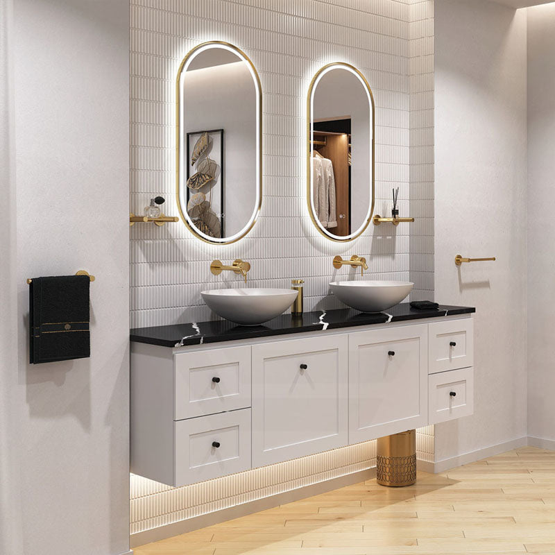 450x900mm Fienza Empire Pill Framed Touch Sensor Frontlit LED Mirror Vertical/Horizontal Brushed Gold
