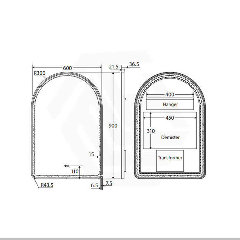 600x900mm Fienza Valentina Arch Framed LED Mirror Touch Sensor Variant Colour Available