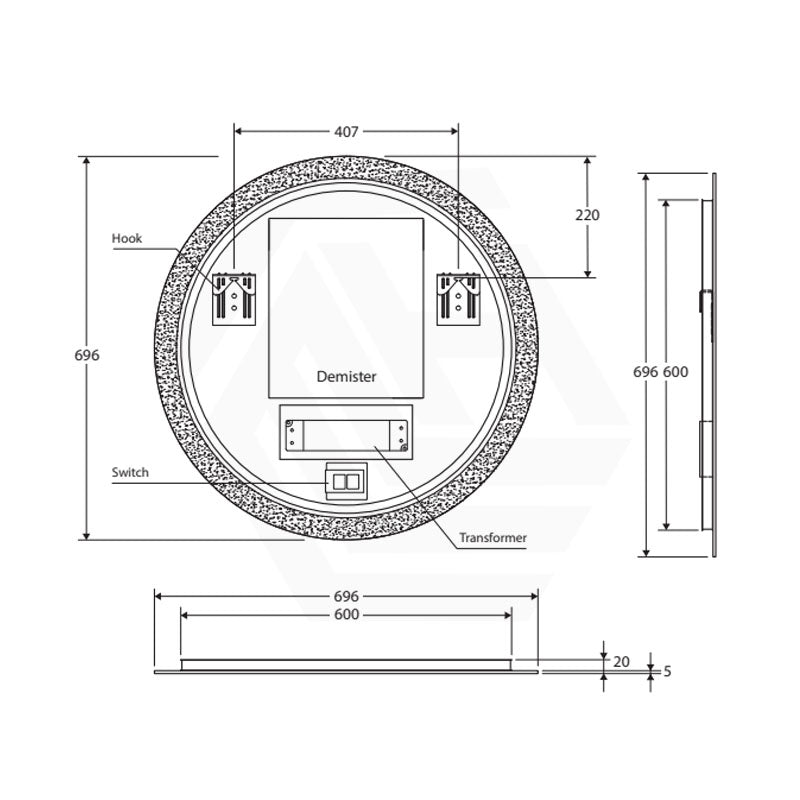 696mm Fienza Kaya Round Pencil Edge Frontlit LED Mirror Touch Sensor