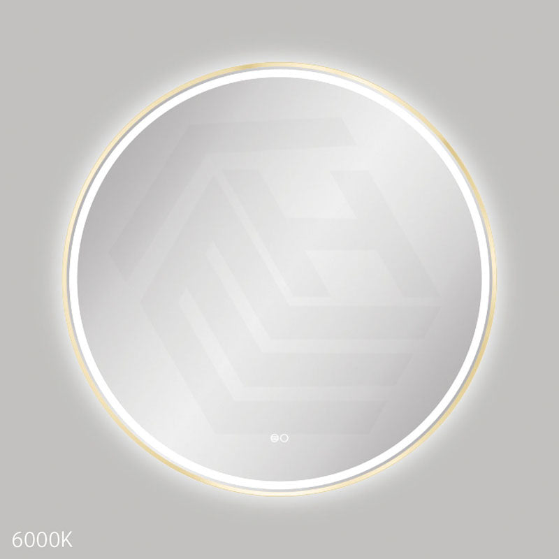 900mm Fienza Reba Round Framed Touch Sensor Frontlit LED Mirror Brushed Gold