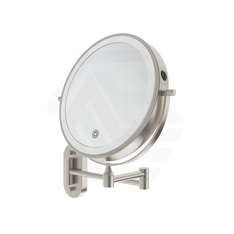 200mm Fienza Round Framed 1&5x Magnifier Rechargeable LED Mirror with Swivel Arm Brushed Nickel