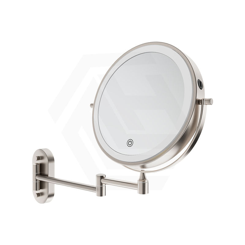 200mm Fienza Round Framed 1&5x Magnifier Rechargeable LED Mirror with Swivel Arm Brushed Nickel
