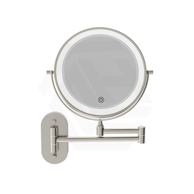 200mm Fienza Round Framed 1&5x Magnifier Rechargeable LED Mirror with Swivel Arm Brushed Nickel