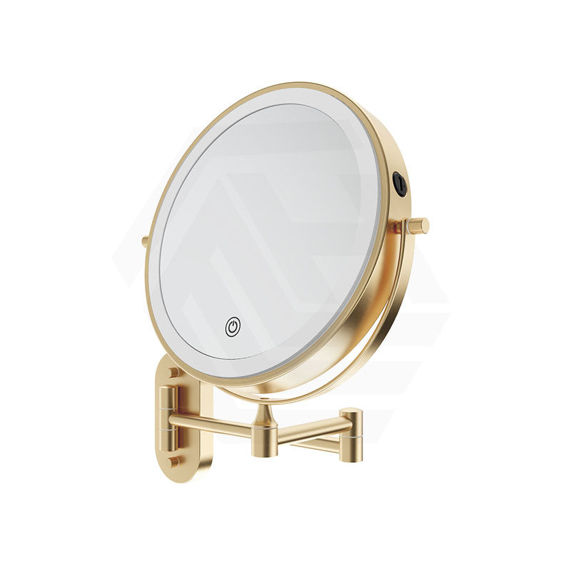 200mm Fienza Round Framed 1&5x Magnifier Rechargeable LED Mirror with Swivel Arm Brushed Gold