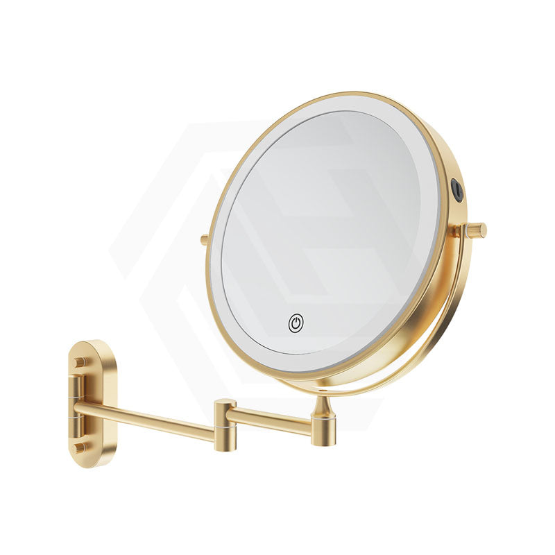 200mm Fienza Round Framed 1&5x Magnifier Rechargeable LED Mirror with Swivel Arm Brushed Gold
