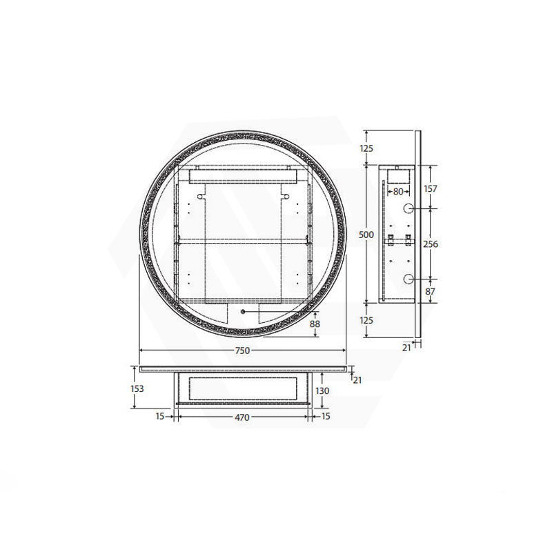 750x750x153mm Fienza Round Pencil Edge Mirror MDF Board LED Shaving Cabinet Matt White