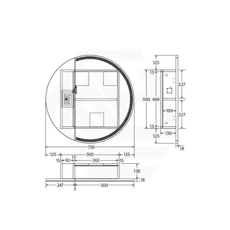 750x750x153mm Fienza Round Split Pencil Edge Mirror MDF Board LED Shaving Cabinet Left Hinge Only Matt White