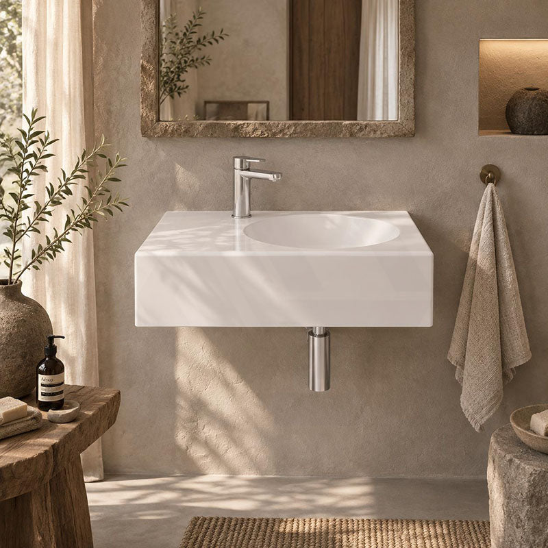 Fienza Reba Rectangular Wall Hung Ceramic Left / Right Bowl Basin 600x425x150mm - Gloss White