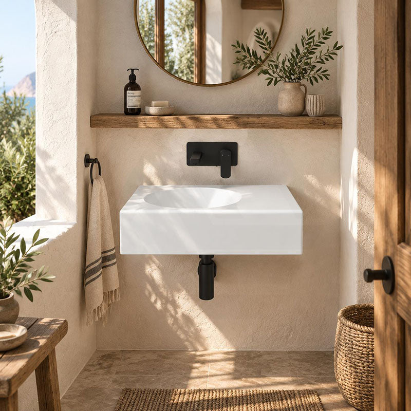 Fienza Reba Rectangular Wall Hung Ceramic Left / Right Bowl Basin 600x425x150mm - Gloss White