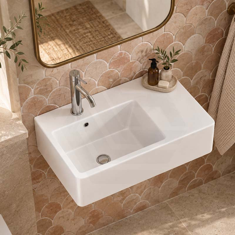 Fienza Delta Care Rectangle Wall Hung Ceramic Left / Right Bowl Basin One Tap Hole 575x400x163mm - Gloss White