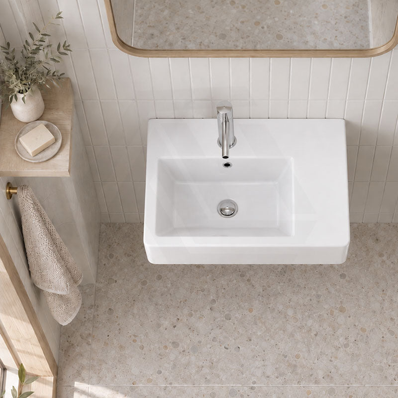 Fienza Delta Care Rectangle Wall Hung Ceramic Left / Right Bowl Basin One Tap Hole 575x400x163mm - Gloss White
