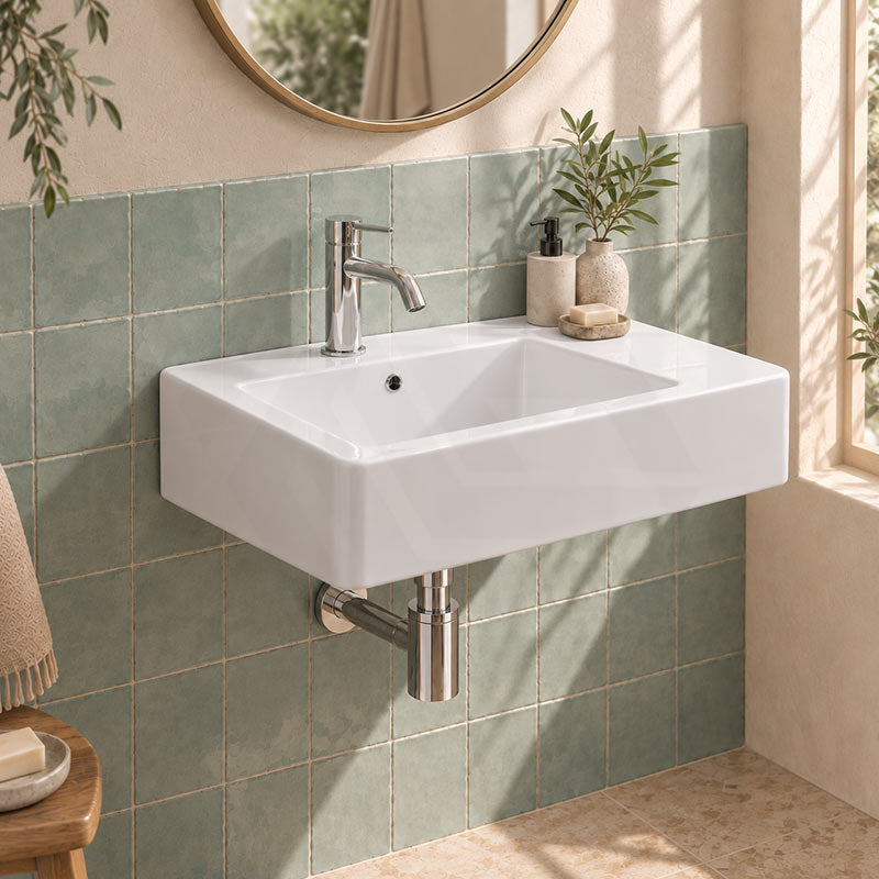 Fienza Delta Care Rectangle Wall Hung Ceramic Left / Right Bowl Basin One Tap Hole 575x400x163mm - Gloss White