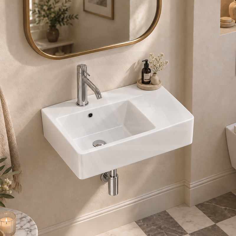 Fienza Delta Care Rectangle Wall Hung Ceramic Left / Right Bowl Basin One Tap Hole 575x400x163mm - Gloss White