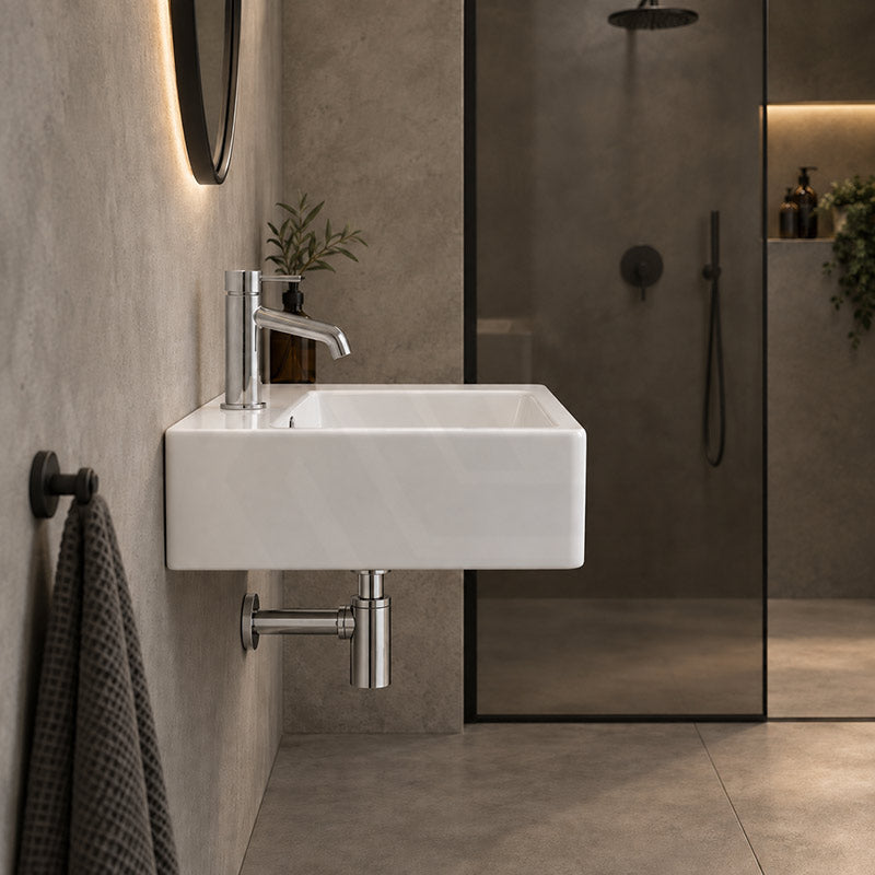 Fienza Delta Care Rectangle Wall Hung Ceramic Left / Right Bowl Basin One Tap Hole 575x400x163mm - Gloss White