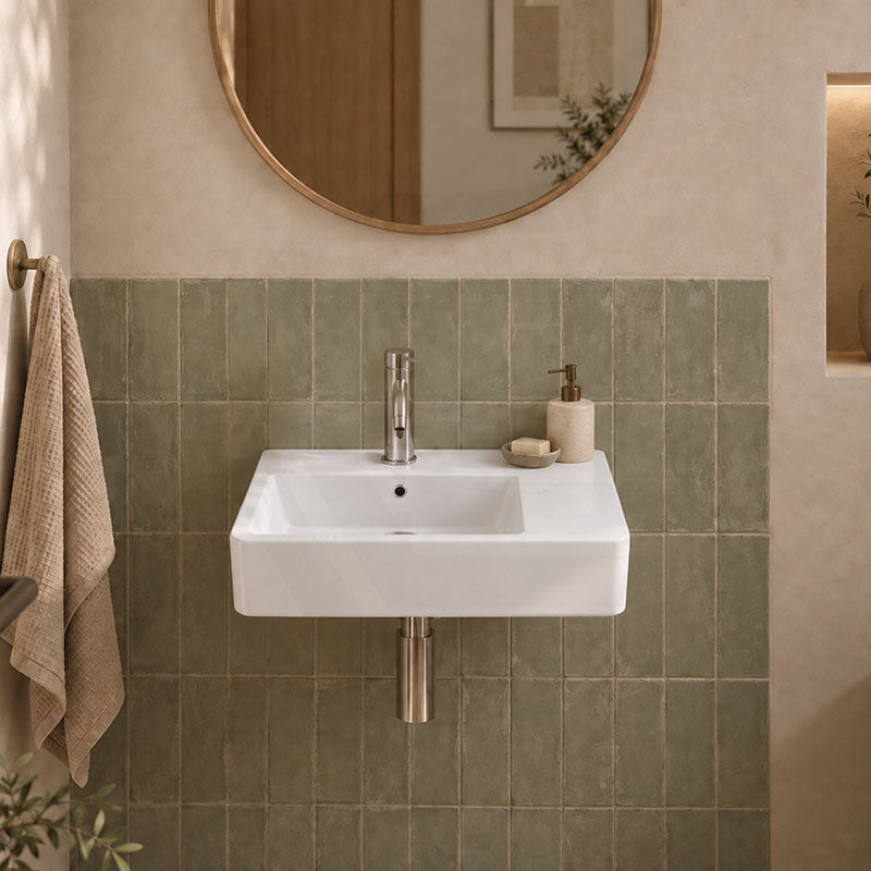Fienza Delta Care Rectangle Wall Hung Ceramic Left / Right Bowl Basin One Tap Hole 575x400x163mm - Gloss White