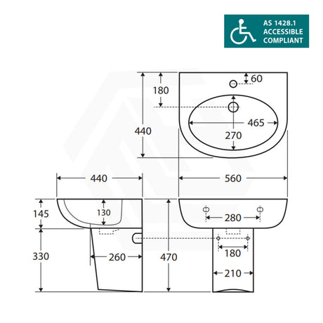 Fienza 560x440x145mm Stella Care Wall Hung Gloss White Ceramic Basin With Integral Shroud 1 or 3 Tap Holes