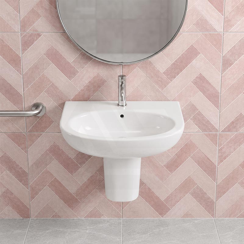 Fienza Stella Care Wall Hung Ceramic Basin With Integral Shroud 1 or 3 Tap Holes 560x440x145mm - Gloss White