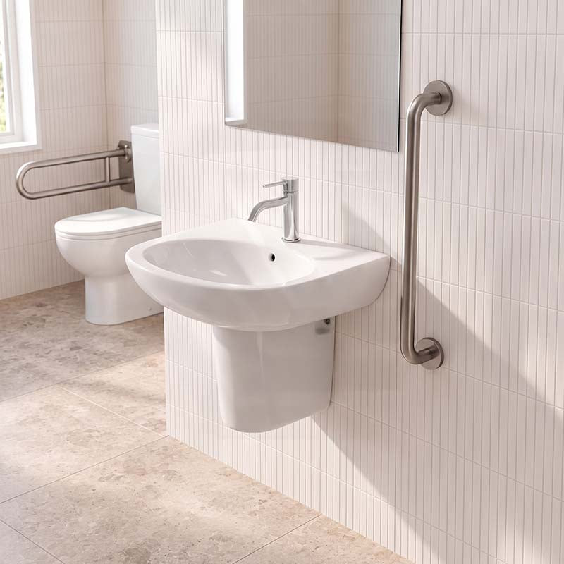 Fienza Stella Care Wall Hung Ceramic Basin With Integral Shroud 1 or 3 Tap Holes 560x440x145mm - Gloss White