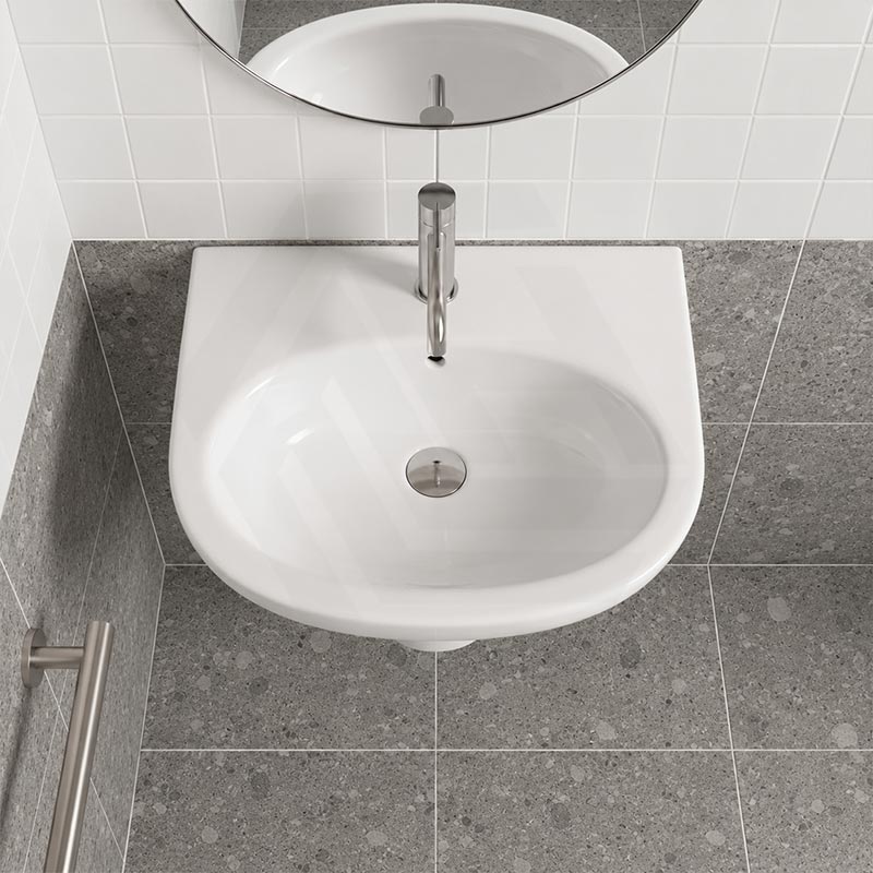 Fienza Stella Care Wall Hung Ceramic Basin With Integral Shroud 1 or 3 Tap Holes 560x440x145mm - Gloss White
