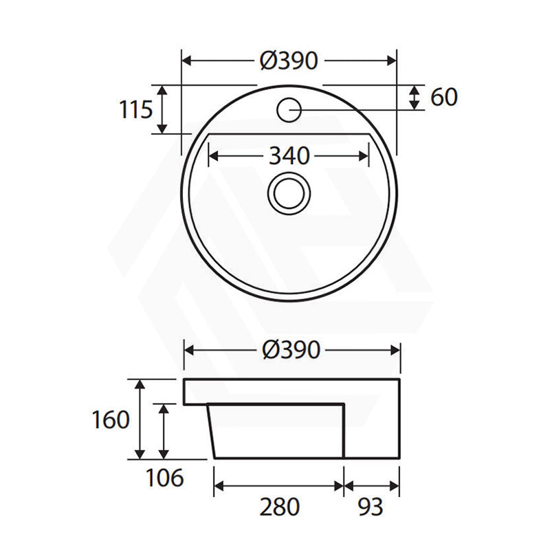 390x390x160mm Fienza Reba Gloss white Semi-Recessed Ceramic Basin One Tap Hole With Overflow