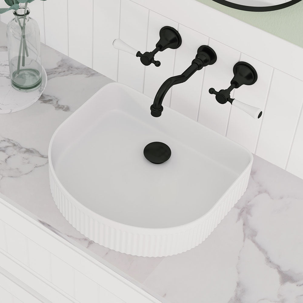 415x365x100mm Fienza Eleanor Fluted Above Counter Ceramic Basin D-Shape In Various Colour