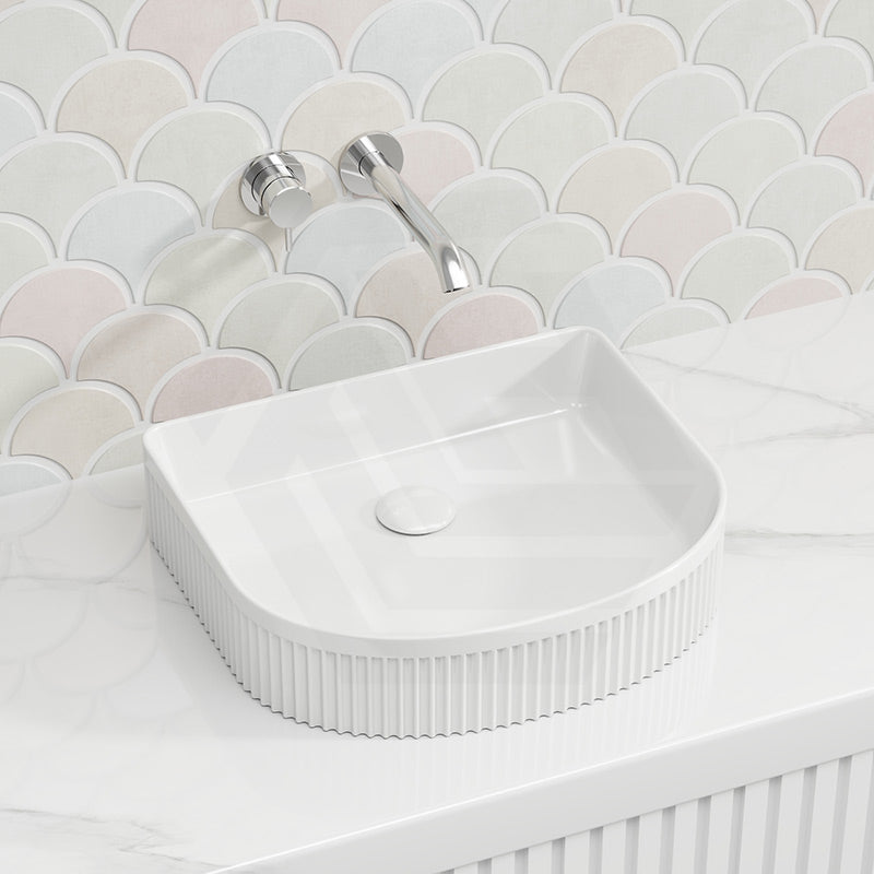 Fienza Eleanor Fluted Above Counter Ceramic Basin D-Shape 415x365x100mm - Gloss/Matt White