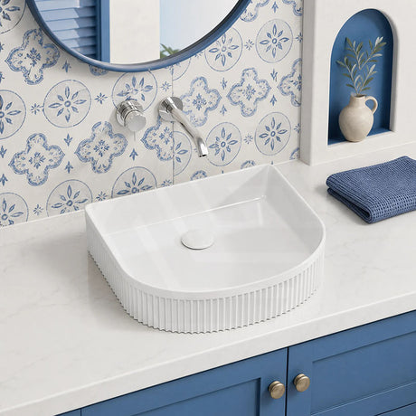 Fienza Eleanor Fluted Above Counter Ceramic Basin D-Shape 415x365x100mm - Gloss/Matt White