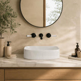 Fienza Eleanor Fluted Above Counter Ceramic Basin D-Shape 415x365x100mm - Gloss/Matt White