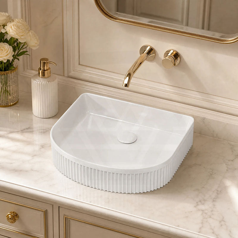 Fienza Eleanor Fluted Above Counter Ceramic Basin D-Shape 415x365x100mm - Gloss/Matt White