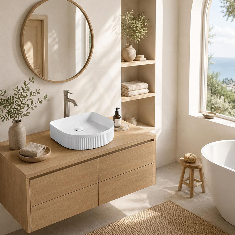 Fienza Eleanor Fluted Above Counter Ceramic Basin D-Shape 415x365x100mm - Gloss/Matt White