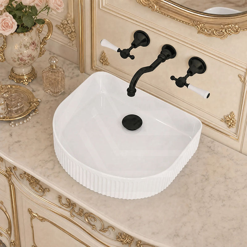 Fienza Eleanor Fluted Above Counter Ceramic Basin D-Shape 415x365x100mm - Gloss/Matt White