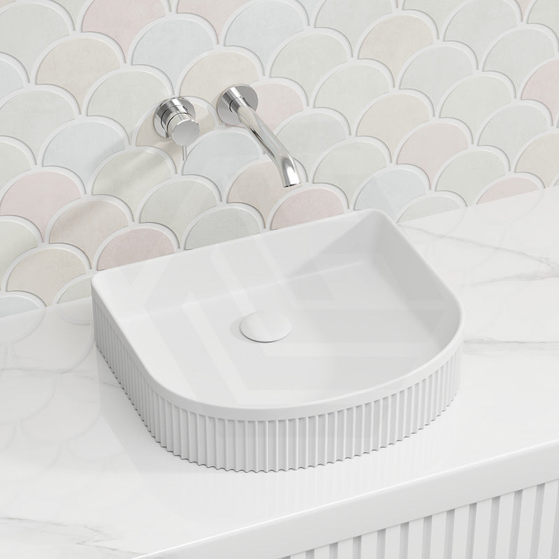 Fienza Eleanor Fluted Above Counter Ceramic Basin D-Shape 415x365x100mm - Gloss/Matt White