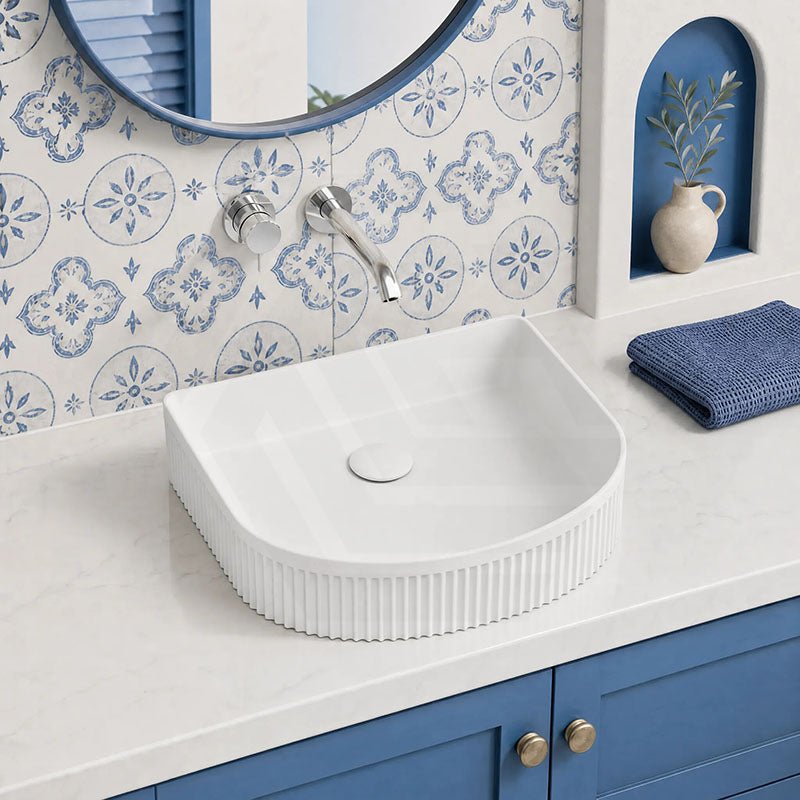 Fienza Eleanor Fluted Above Counter Ceramic Basin D-Shape 415x365x100mm - Gloss/Matt White