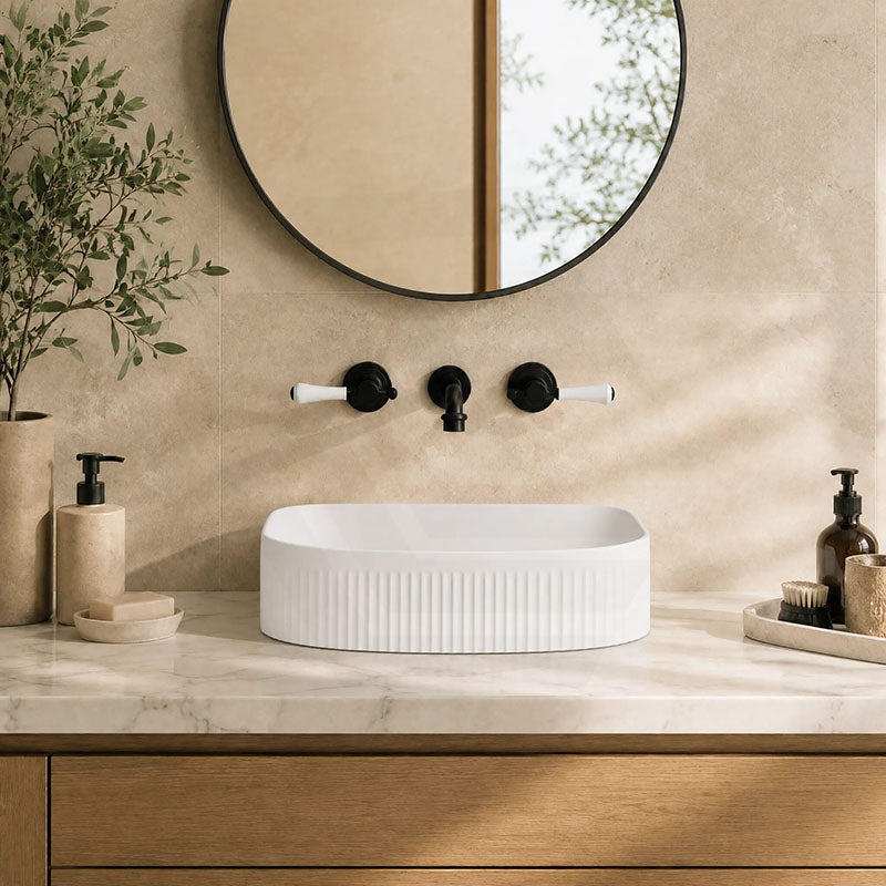 Fienza Eleanor Fluted Above Counter Ceramic Basin D-Shape 415x365x100mm - Gloss/Matt White