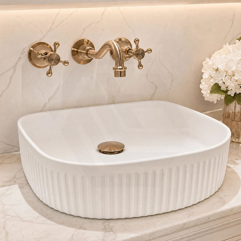 Fienza Eleanor Fluted Above Counter Ceramic Basin D-Shape 415x365x100mm - Gloss/Matt White
