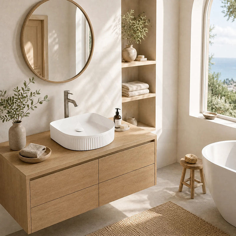 Fienza Eleanor Fluted Above Counter Ceramic Basin D-Shape 415x365x100mm - Gloss/Matt White