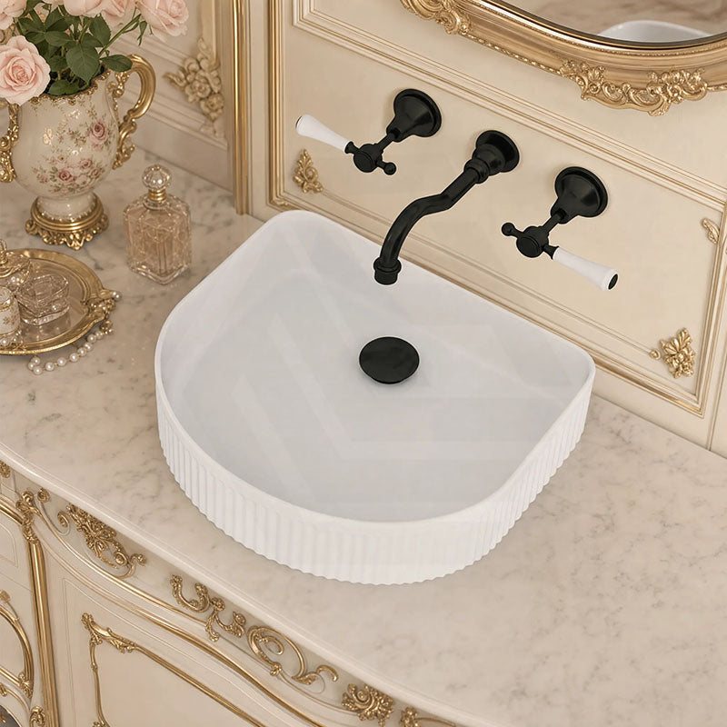 Fienza Eleanor Fluted Above Counter Ceramic Basin D-Shape 415x365x100mm - Gloss/Matt White