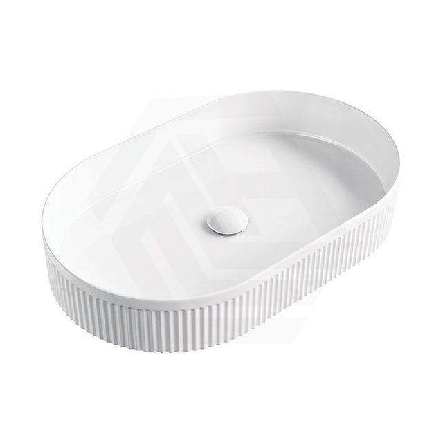 580x360x100mm Fienza Eleanor Oval Above Counter Ceramic Basin Fluted Gloss White