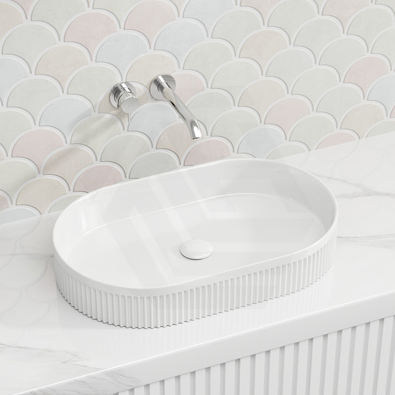 Fienza Eleanor Oval Above Counter Ceramic Basin Fluted 580x360x100mm - Gloss/Matte White