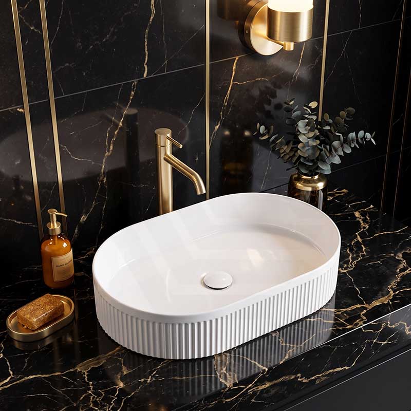 Fienza Eleanor Oval Above Counter Ceramic Basin Fluted 580x360x100mm - Gloss/Matte White