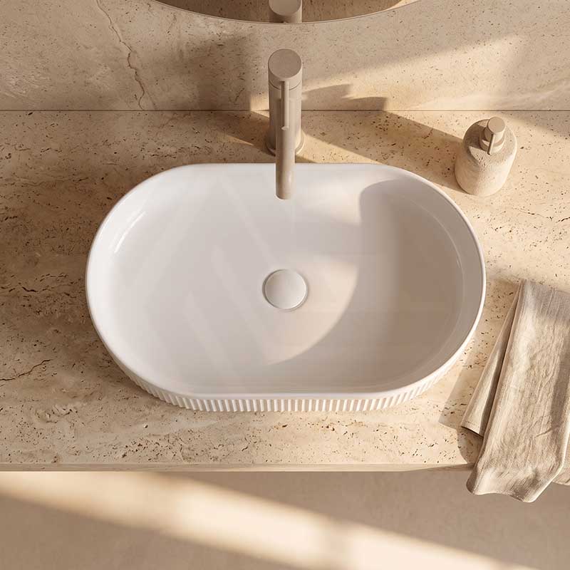 Fienza Eleanor Oval Above Counter Ceramic Basin Fluted 580x360x100mm - Gloss/Matte White