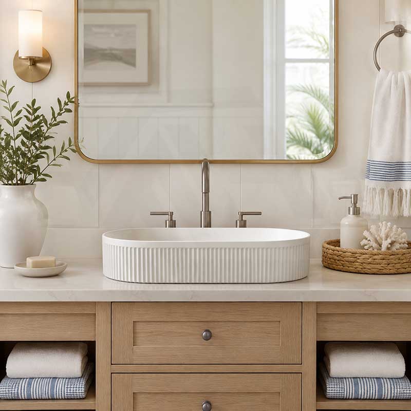 Fienza Eleanor Oval Above Counter Ceramic Basin Fluted 580x360x100mm - Gloss/Matte White