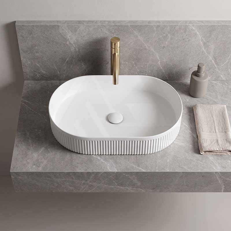 Fienza Eleanor Oval Above Counter Ceramic Basin Fluted 580x360x100mm - Gloss/Matte White