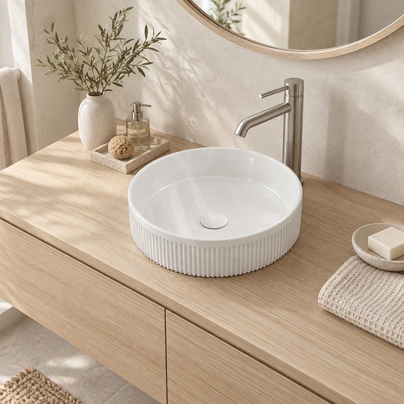 Fienza Eleanor Round Fluted Above Counter Ceramic Basin 410x410x100mm - In Various Colour