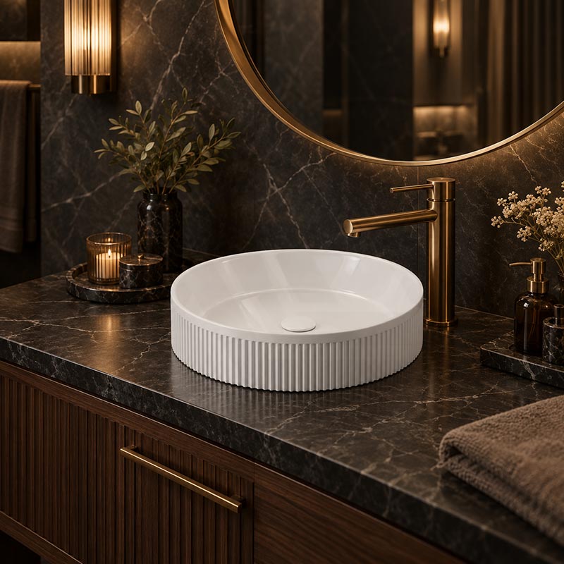 Fienza Eleanor Round Fluted Above Counter Ceramic Basin 410x410x100mm - In Various Colour