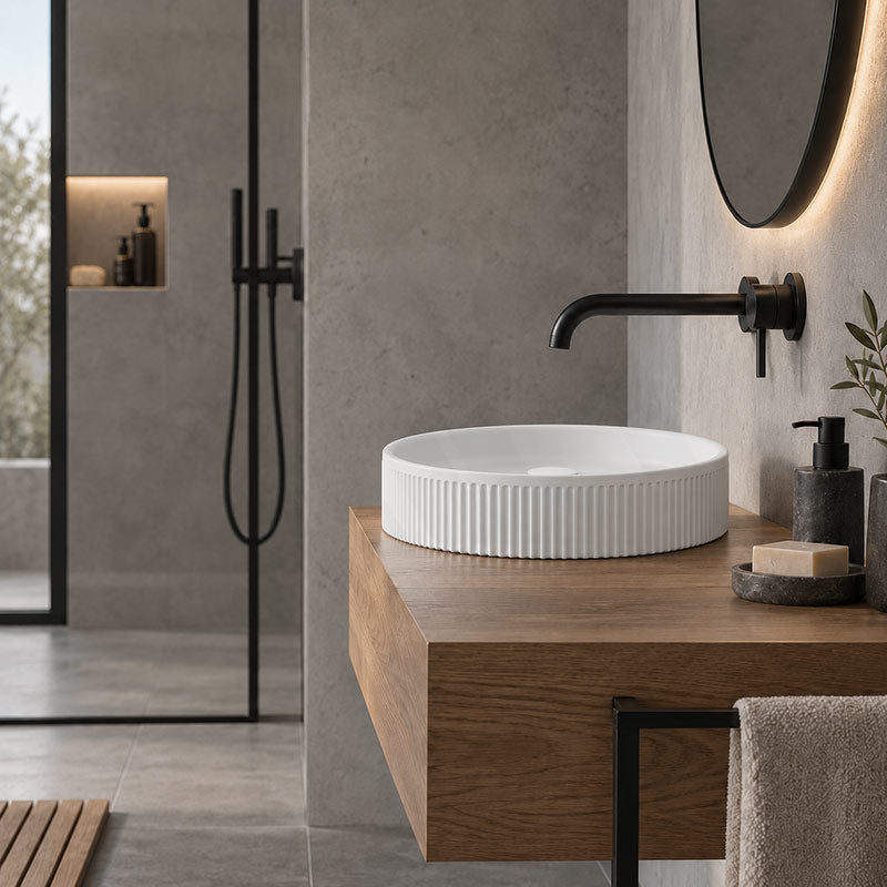 Fienza Eleanor Round Fluted Above Counter Ceramic Basin 410x410x100mm - In Various Colour