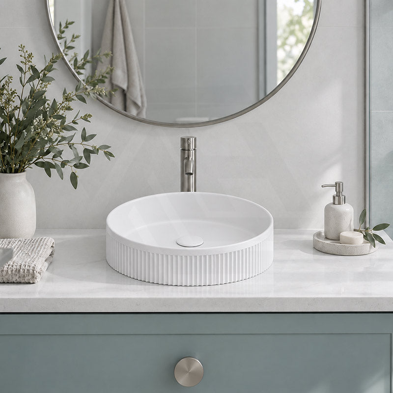 Fienza Eleanor Round Fluted Above Counter Ceramic Basin 410x410x100mm - In Various Colour