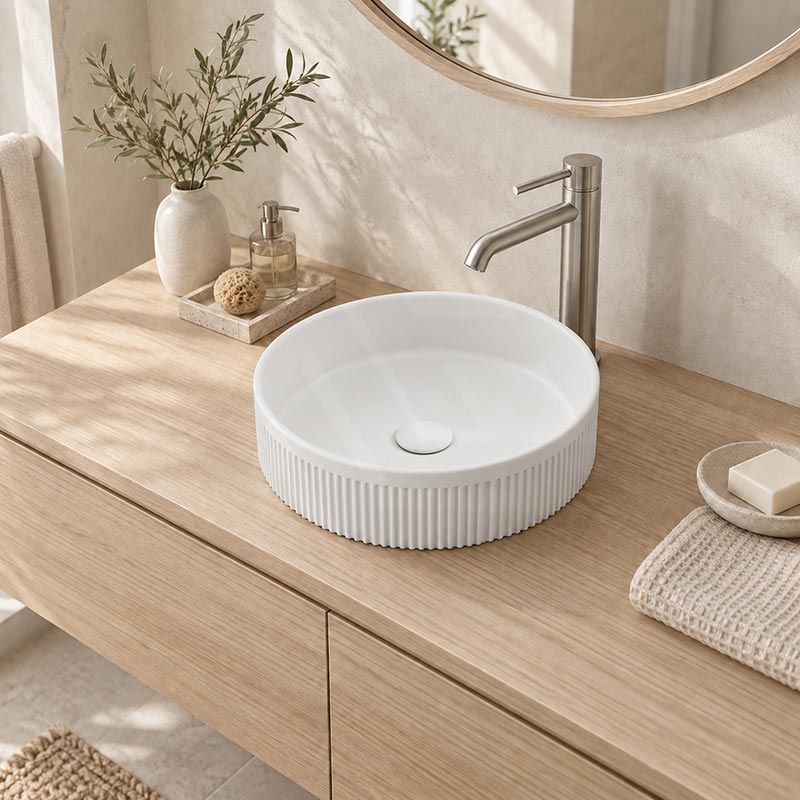Fienza Eleanor Round Fluted Above Counter Ceramic Basin 410x410x100mm - In Various Colour