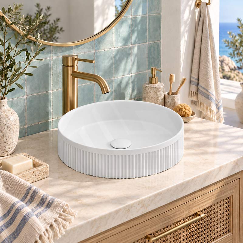 Fienza Eleanor Round Fluted Above Counter Ceramic Basin 410x410x100mm - In Various Colour