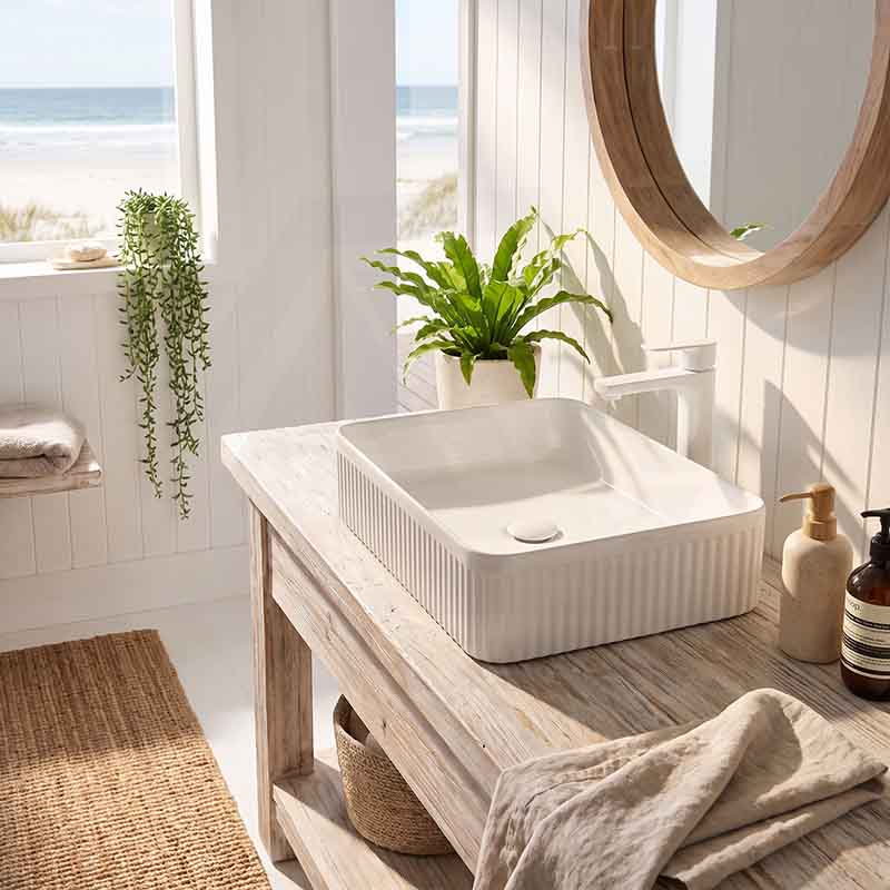 Fienza Eleanor Rectangle Above Counter Fluted Basin Ceramic 500x380x100mm - Gloss White